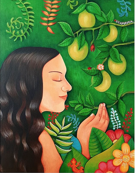 Painting of girl smelling plants
